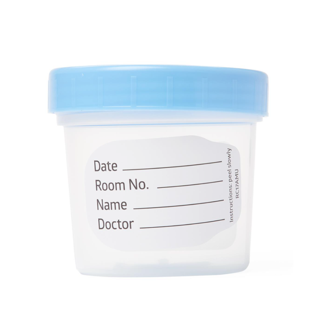 The Medline General Use Specimen Container is clear plastic with a blue lid and features labeled lines for Date, Room No., Name, and Doctor, making it ideal for accurate collection and labeling of medical samples.