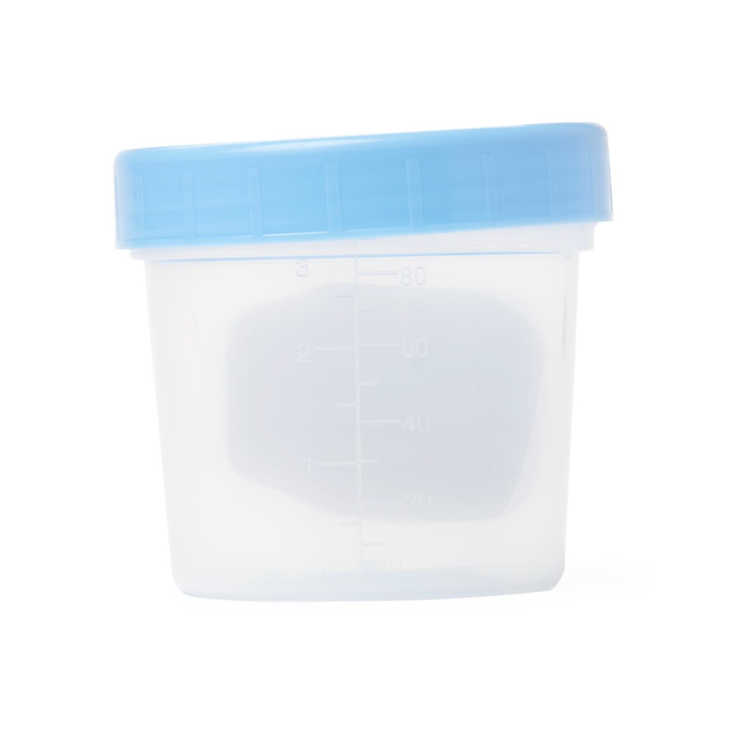 The Medline General Use Specimen Container, shown with a transparent body, blue lid, and measurement markings, is displayed against a white background—perfect for accurate specimen collection.