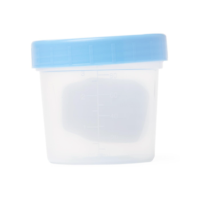 The Medline General Use Specimen Container, shown with a transparent body, blue lid, and measurement markings, is displayed against a white background—perfect for accurate specimen collection.