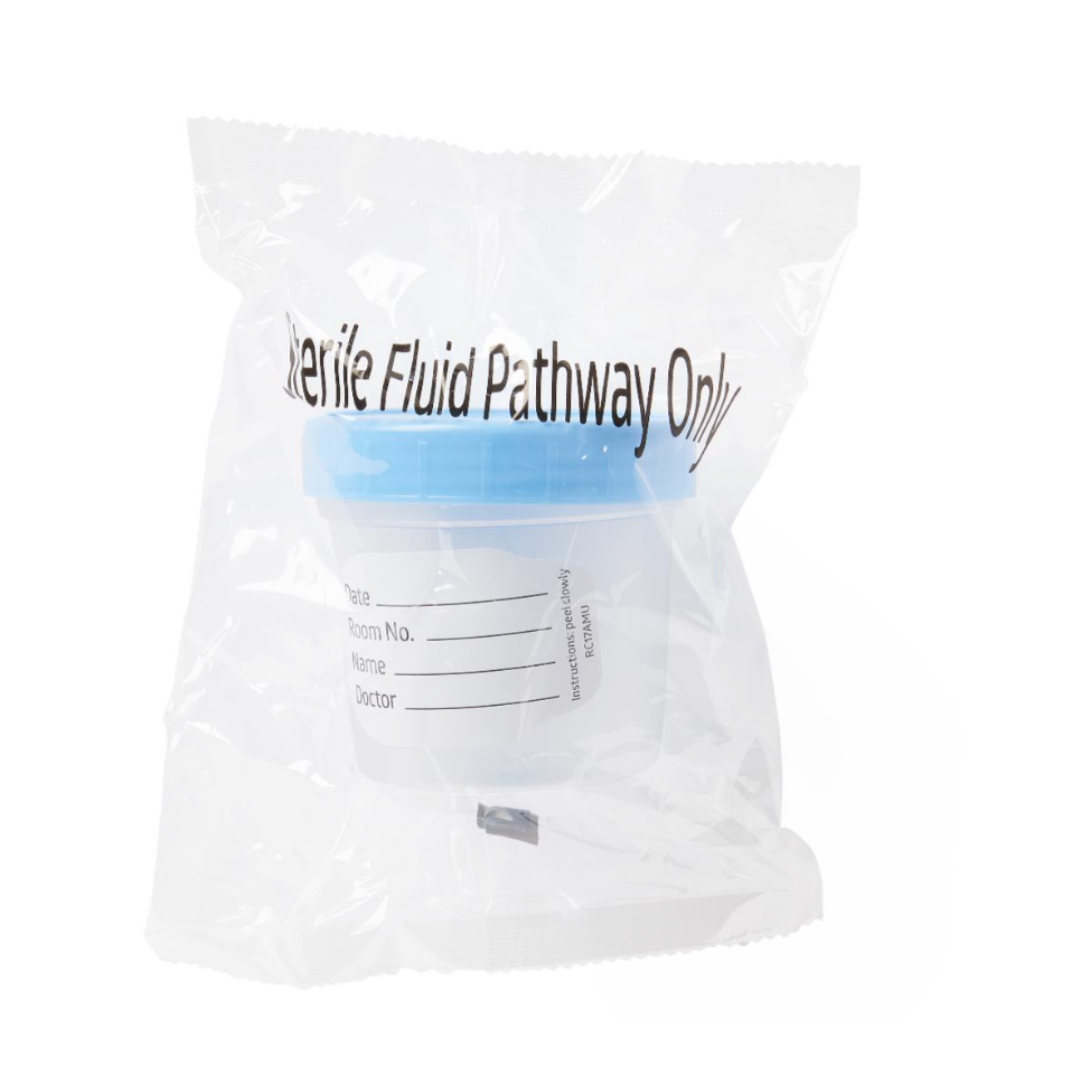 A transparent, sealed plastic bag contains a Medline General Use Specimen Container with a blue lid and white patient info label for specimen collection. The bag is labeled "Sterile Fluid Pathway Only.