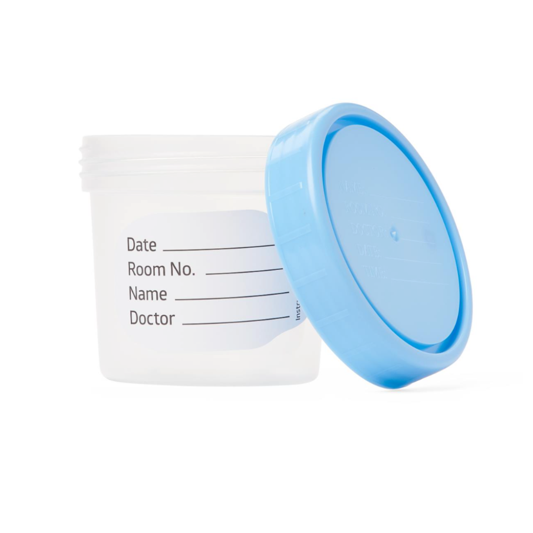 Medline General Use Specimen Containers are clear, have a blue screw-on lid, and include a label for date, room number, name, and doctor on a white background for easy specimen collection.