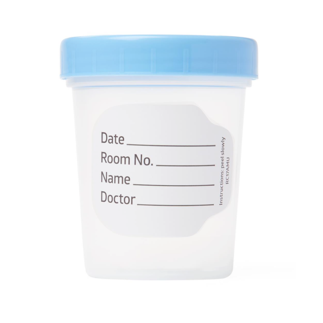Medline General Use Specimen Containers are clear plastic with blue lids and feature labels for date, room number, name, and doctor—ideal for secure specimen collection.