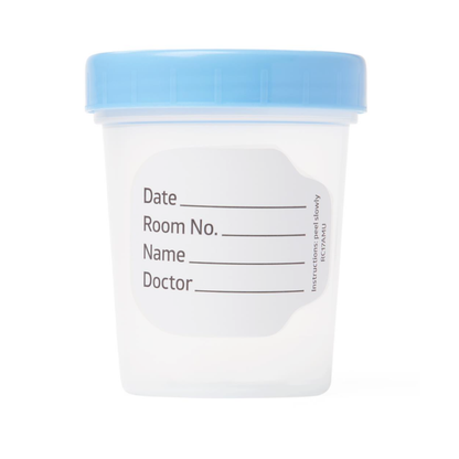 Medline General Use Specimen Containers are clear plastic with blue lids and feature labels for date, room number, name, and doctor—ideal for secure specimen collection.