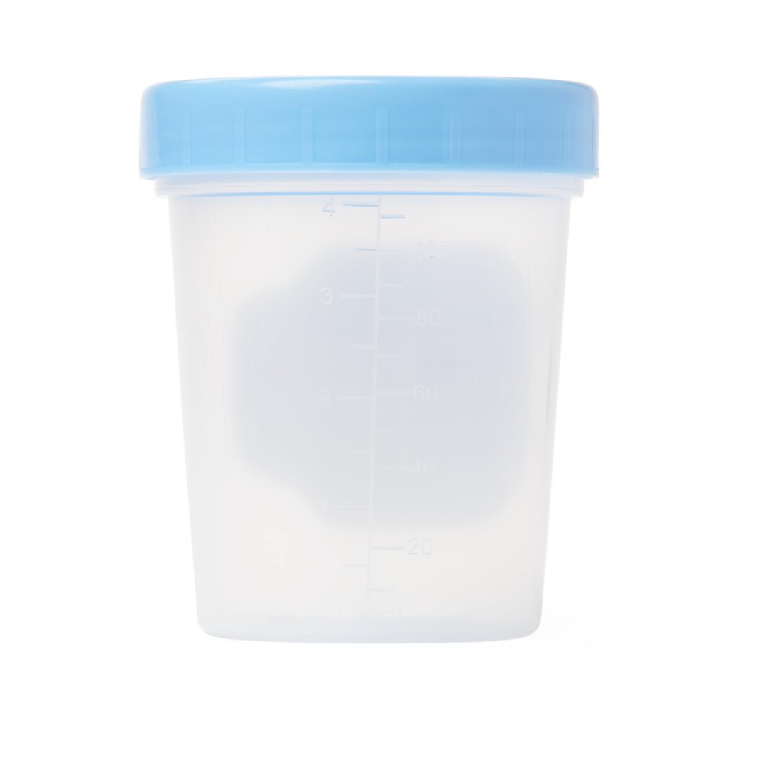 The Medline General Use Specimen Container is a clear plastic container with a blue lid and measurement lines, shown upright on a white background—perfect for efficient specimen collection.