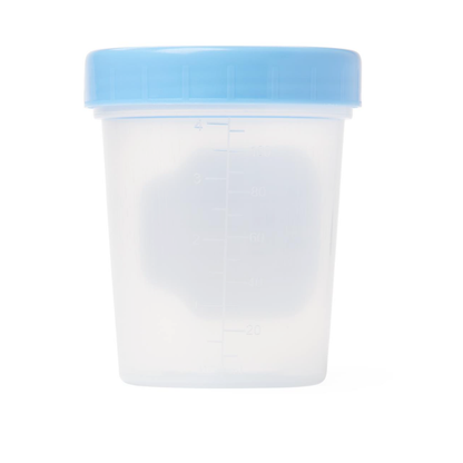The Medline General Use Specimen Container is a clear plastic container with a blue lid and measurement lines, shown upright on a white background—perfect for efficient specimen collection.