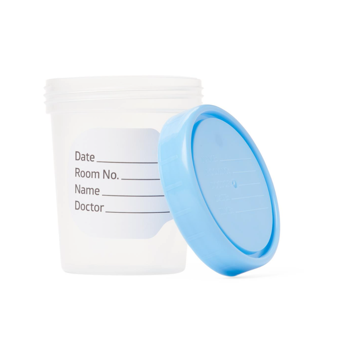 The image shows a clear Medline General Use Specimen Container with a blue lid, partially unscrewed, and a label for date, room number, name, and doctor—perfect for efficient specimen collection.