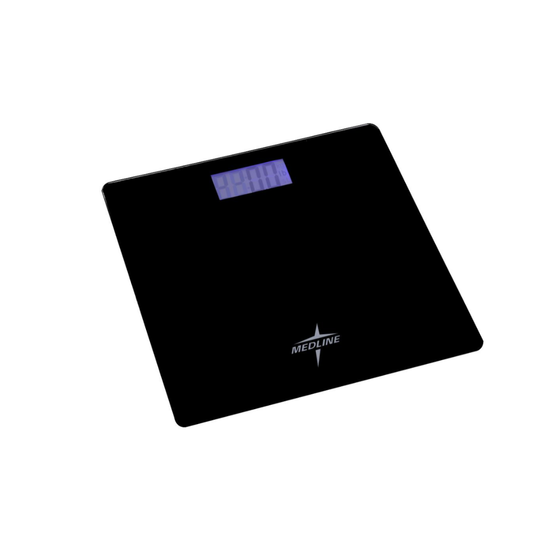 A Medline Glass Top Talking Bathroom Scale (440 lb capacity) featuring a black glass top, blue backlit display, and the Medline logo in white on the surface, shown against a plain white background.