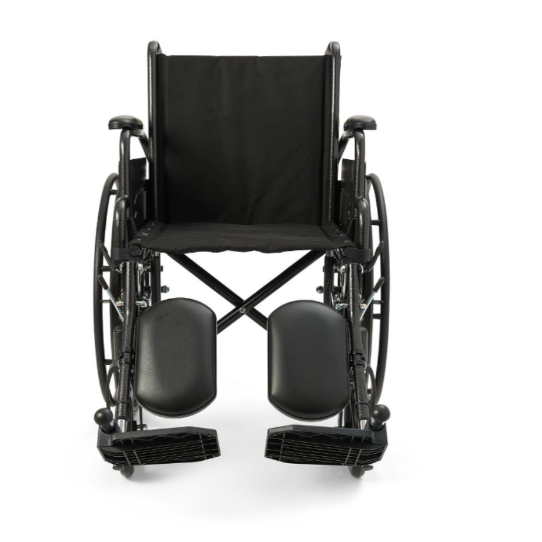 The Medline Guardian K1 Wheelchair features durable black nylon upholstery, footrests, armrests, and large rear wheels. Designed for everyday use, it is shown from the front against a white background.