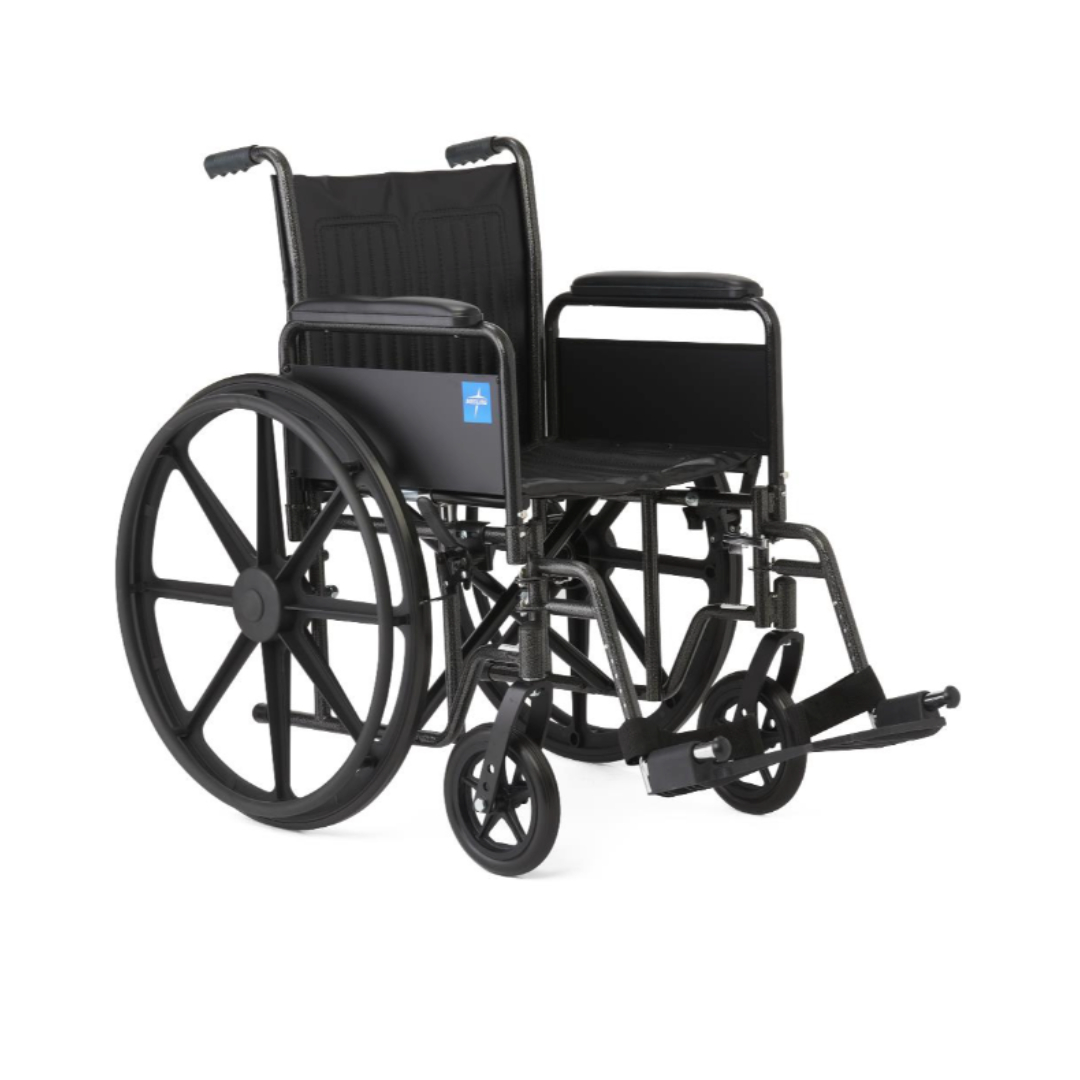 The Medline Guardian K1 Wheelchair features durable black nylon upholstery, large rear wheels, small front casters, footrests, armrests, and a blue accessibility symbol—ideal for everyday use.