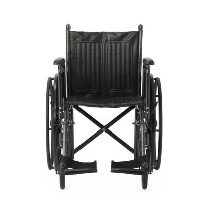 The Medline Guardian K1 Wheelchair with nylon upholstery is a durable black manual chair featuring padded seat and backrest, large rear wheels, and footrests—ideal for everyday use.