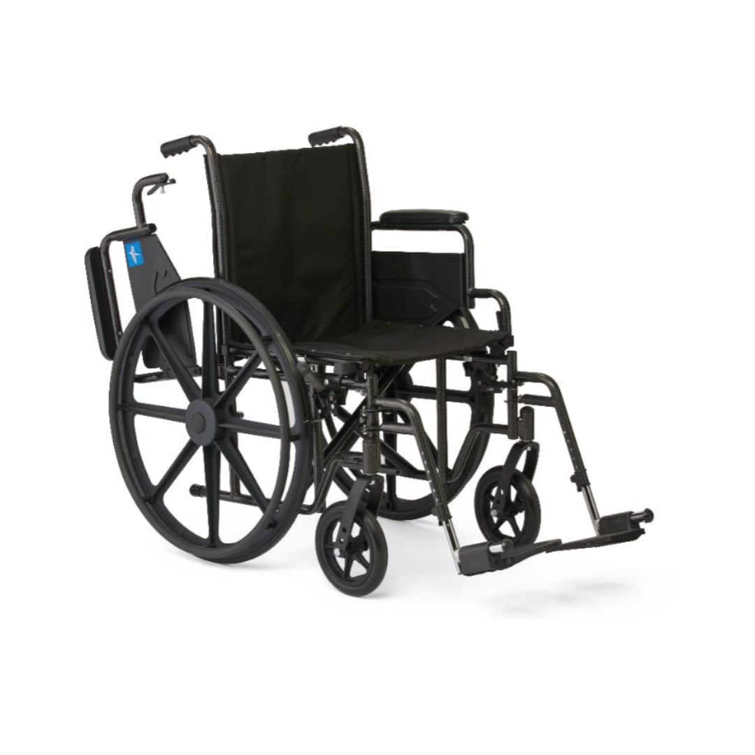 The Medline Guardian K1 Wheelchair with nylon upholstery is a durable manual chair for daily use, featuring large rear wheels, small front casters, black seat and backrest, footrests, and push handles on a white background.