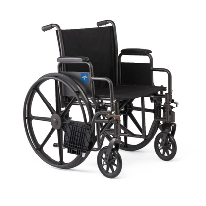 The Medline Guardian K1 Wheelchair features durable black nylon upholstery, large rear wheels, small front wheels, footrests, and armrests. Designed for daily use, it is shown on a white background.