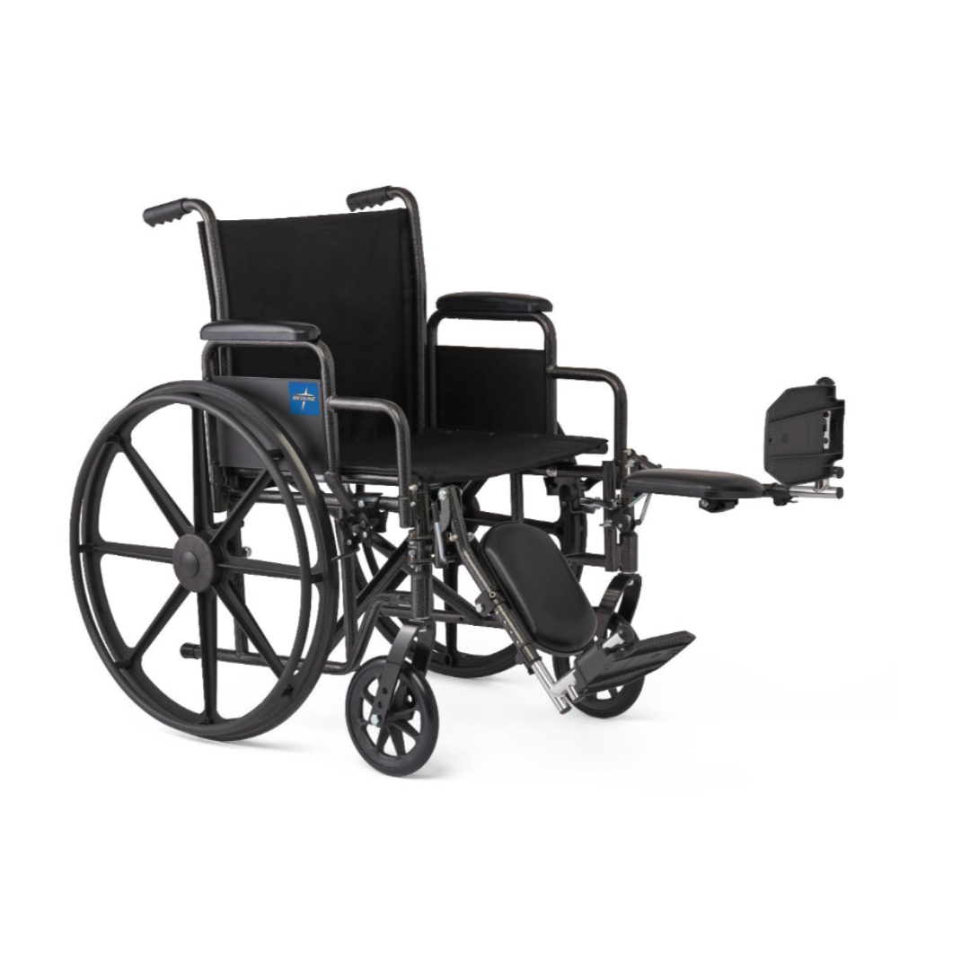 The Medline Guardian K1 Wheelchair with Nylon Upholstery is a durable black manual wheelchair for everyday use, featuring large rear wheels, small front wheels, armrests, an elevated extended right leg rest, and black nylon seat and backrest.