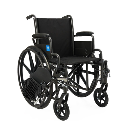 The Medline Guardian K1 Wheelchair with nylon upholstery is a durable black manual wheelchair featuring large rear wheels, footrests, and padded armrests for everyday use, shown on a white background.