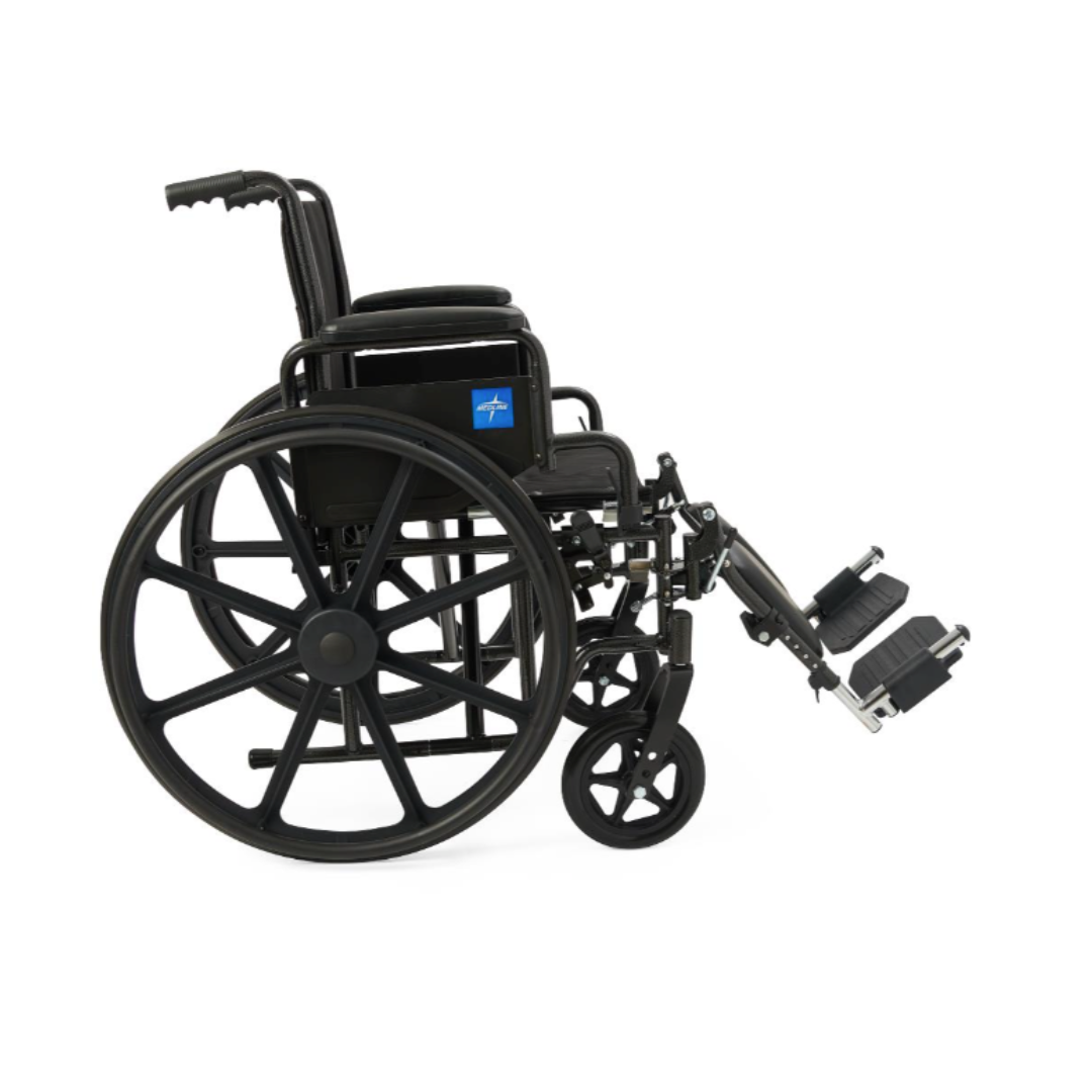 The Medline Guardian K1 Wheelchair with nylon upholstery is a durable black manual wheelchair featuring large rear wheels, small front wheels, padded seat, armrests, and elevated footrests—shown side view on a white background.