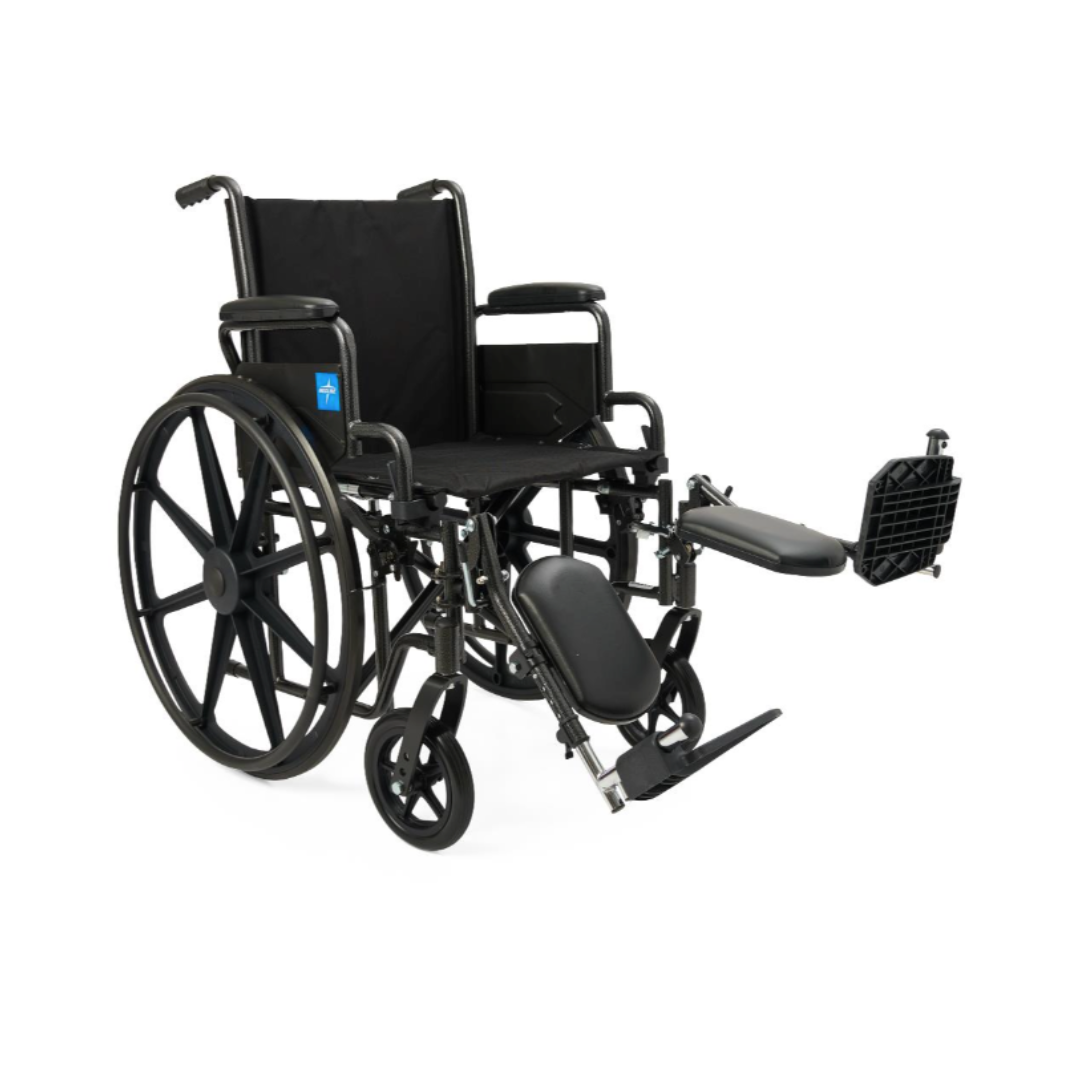 The Medline Guardian K1 Wheelchair features durable black nylon upholstery, large rear wheels, small front wheels, armrests, and a raised detachable right leg rest—ideal for everyday manual use.