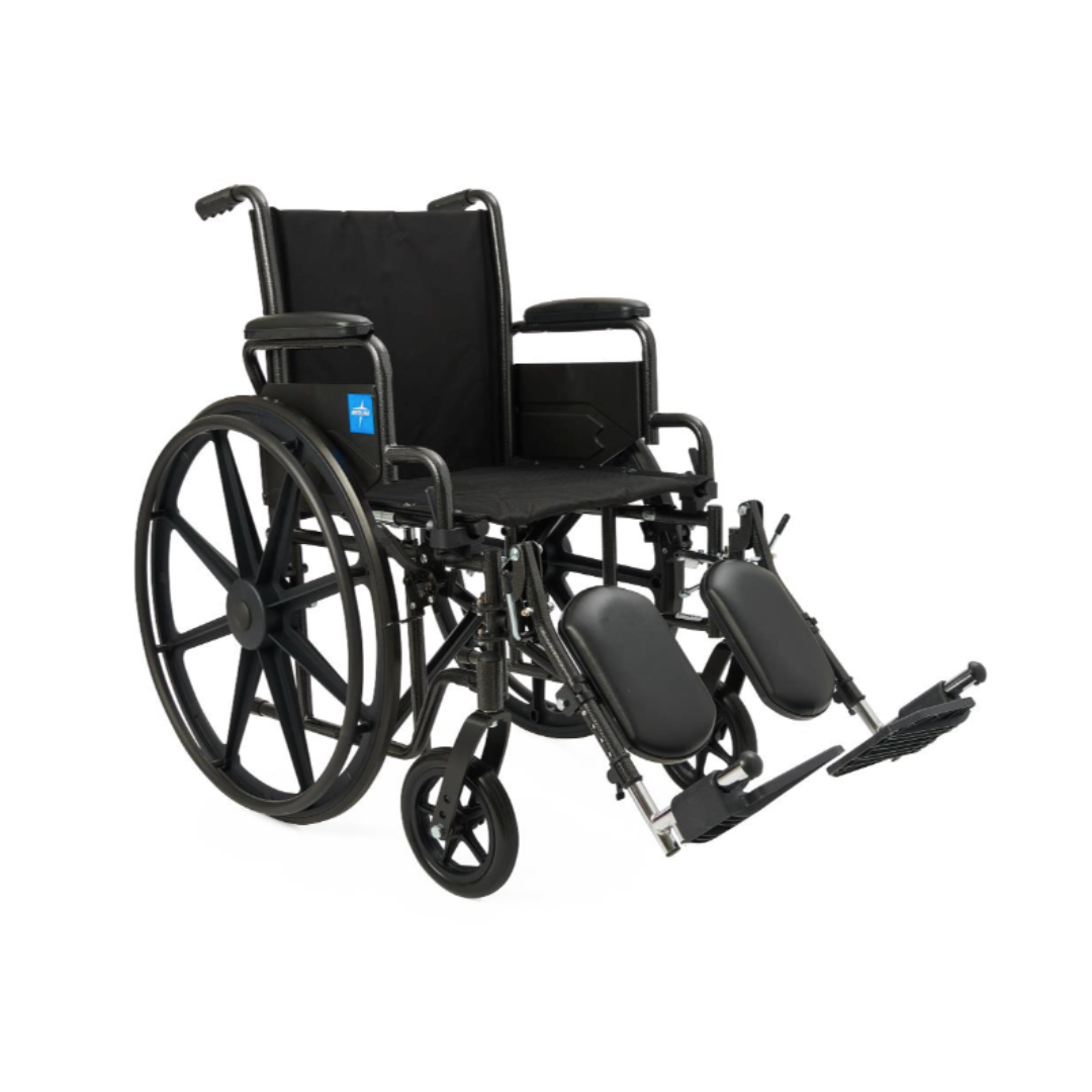 The Medline Guardian K1 Wheelchair with nylon upholstery is black, manual, and designed for daily use. It features large rear wheels, small front wheels, padded armrests, and adjustable elevated leg rests on a white background.