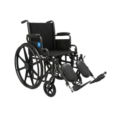 The Medline Guardian K1 Wheelchair with nylon upholstery is black, manual, and designed for daily use. It features large rear wheels, small front wheels, padded armrests, and adjustable elevated leg rests on a white background.