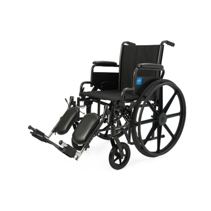 The Medline Guardian K1 Wheelchair with nylon upholstery is a durable black manual chair with elevated leg rests, large rear wheels, and small front wheels—ideal for everyday use.