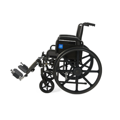 The Medline Guardian K1 Wheelchair with nylon upholstery is a durable black manual model, featuring large rear wheels, small front casters, and elevated leg rests for daily use, shown from the side against a white background.