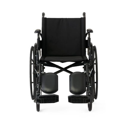 A black Medline Guardian K4 Wheelchair with desk-length arms and footrests, shown from the front against a white background.
