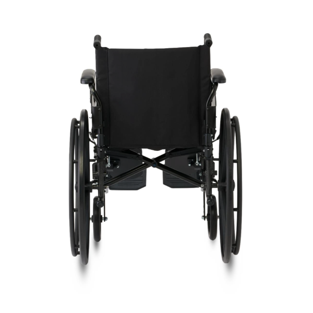 A black Medline Guardian K4 Wheelchair with Desk-Length Arms, viewed from the back, featuring large rear wheels, small front wheels, footrests, and a black fabric backrest—designed for easy mobility.
