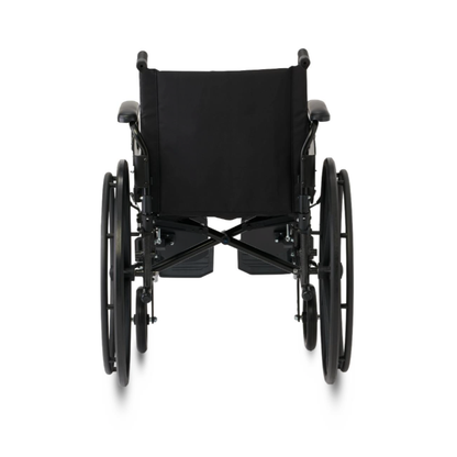 A black Medline Guardian K4 Wheelchair with Desk-Length Arms, viewed from the back, featuring large rear wheels, small front wheels, footrests, and a black fabric backrest—designed for easy mobility.