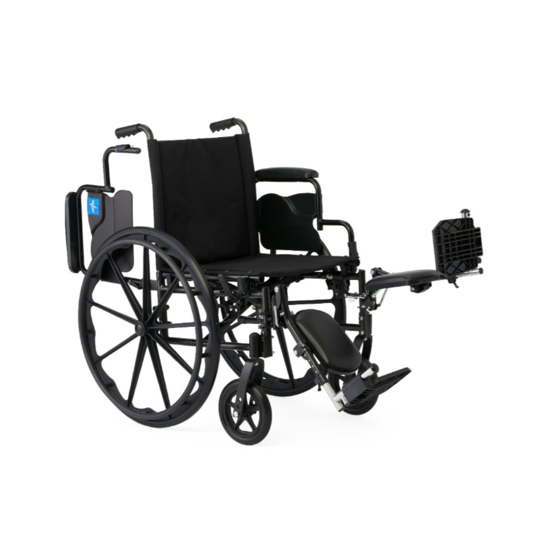 The Medline Guardian K4 Wheelchair with Desk-Length Arms features large rear wheels, smaller front wheels, one elevated leg rest, and a cushioned seat and backrest for comfort.