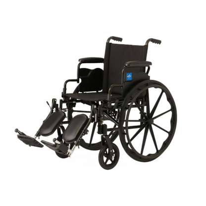 A Medline Guardian K4 Wheelchair with desk-length arms is shown on a white background, featuring large rear wheels, adjustable leg rests, and a cushioned seat and backrest.