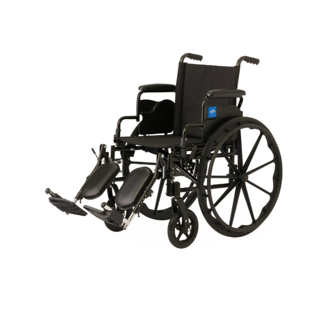 The Medline Guardian K4 Wheelchair with Desk-Length Arms in black, shown against a plain white background, features elevated leg rests, padded armrests, large rear wheels, and small front wheels—ideal for portability.
