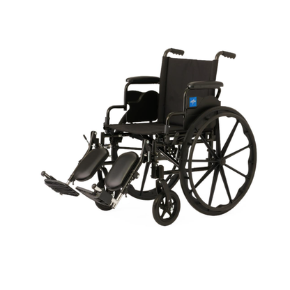 The Medline Guardian K4 Wheelchair with Desk-Length Arms in black, shown against a plain white background, features elevated leg rests, padded armrests, large rear wheels, and small front wheels—ideal for portability.