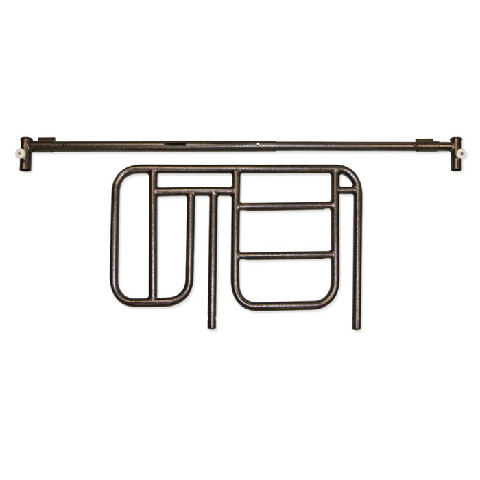 A set of Medline Bed Rails for Medline Homecare Beds displayed on a white background, featuring a long rod and multiple bent and straight metal pieces, indicating simple installation for enhanced patient safety.