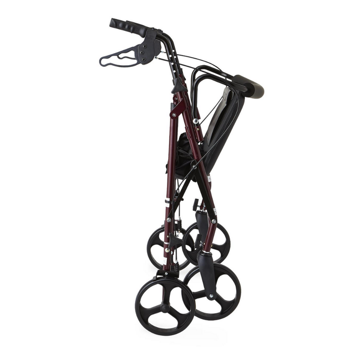 The Medline Heavy-Duty Bariatric Rollator with 8 Wheels, featuring a maroon reinforced frame, four large black wheels, black handles, and a black seat, is shown folded upright against a white background.