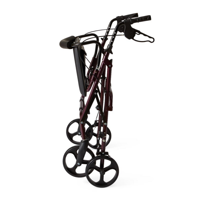 The Medline Heavy-Duty Bariatric Rollator with 8 Wheels is shown folded upright for easy storage or transport, featuring a reinforced frame, four wheels, and hand brakes.