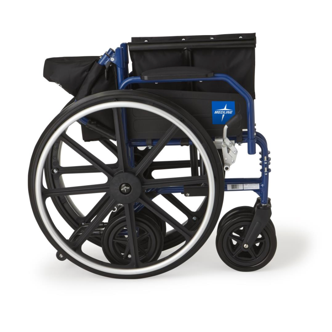 A side view of the Medline Hybrid 2 blue and black transport wheelchair, showing a large rear wheel and smaller front wheel. The folded seat features removable arms, a back storage pouch, and the Medline logo, making it ideal for versatile transport.