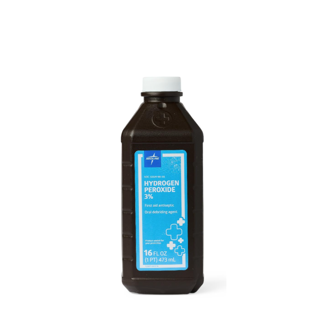 A brown plastic bottle with a white cap labeled Medline Hydrogen Peroxide 3%, 16 fl oz (473 mL), serves as a first aid antiseptic and oral debriding agent. See product specifications for more details.