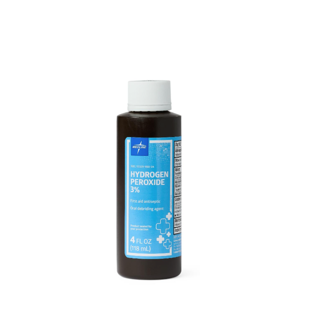 A brown plastic bottle with a white cap labeled Medline Hydrogen Peroxide 3%, 4 fl oz (118 mL), for first aid antiseptic and oral debriding, features a blue and white label—see specifications for detailed product information.