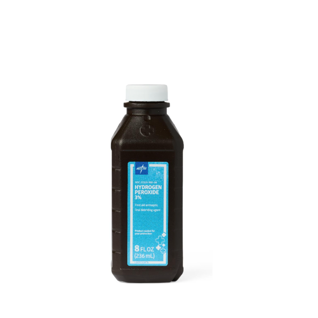 A Medline Hydrogen Peroxide 3% bottle, brown plastic with a white cap and blue label, holds 8 fl oz (236 mL) and is displayed against a white background, clearly showing its product details.