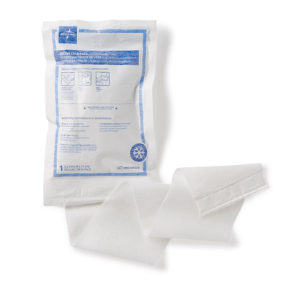 The Medline Instant Cold Pack with Self-Adhering Wrap, 5" x 9", comes in a sealed white and blue pack with a folded white wrap, displayed on a plain white background. See the spec table for detailed features and specifications.