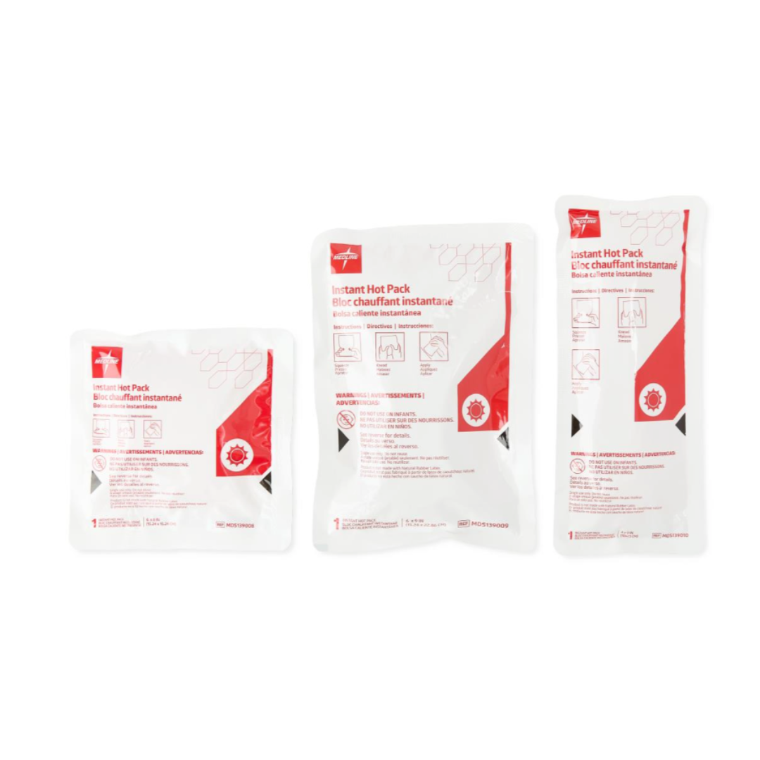 Medline Instant Hot Packs - Portable and Disposable are shown in three sizes with white and red packaging featuring front instructions and graphics. Perfect for heat therapy and pain relief, they are displayed upright on a white background.