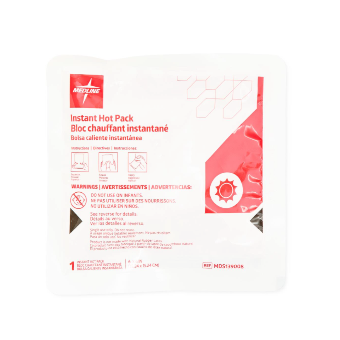 The Medline Instant Hot Packs—portable and disposable—come in white and red packaging with a heating icon, hexagonal design, and display product info, warnings, and instructions in English, French, and Spanish.