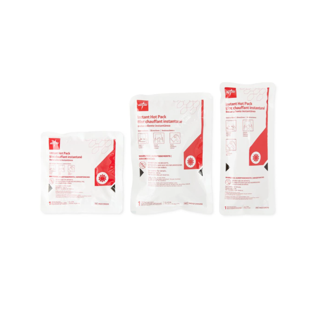 Three Medline Instant Hot Packs in different sizes stand upright against a white background. Their packaging, with red accents and instructional graphics, offers convenient therapeutic warmth for immediate use.