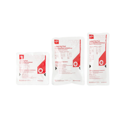 Three Medline Instant Hot Packs in different sizes stand upright against a white background. Their packaging, with red accents and instructional graphics, offers convenient therapeutic warmth for immediate use.