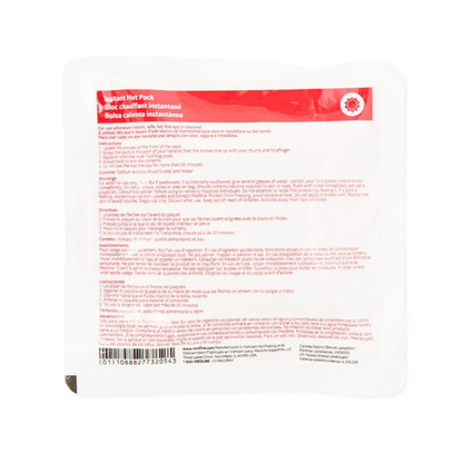 A Medline Instant Hot Pack - Portable and Disposable, white with red labeling, features heat therapy instructions and warnings in English, French, and Spanish, plus a barcode at the bottom left of the packaging.
