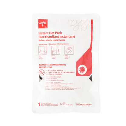 The Medline Instant Hot Packs - Portable and Disposable come in 6 x 9 inch white and red packaging labeled in English, French, and Spanish, with instructions, warnings, and icons for activation and application. Ideal for pain relief and heat therapy.