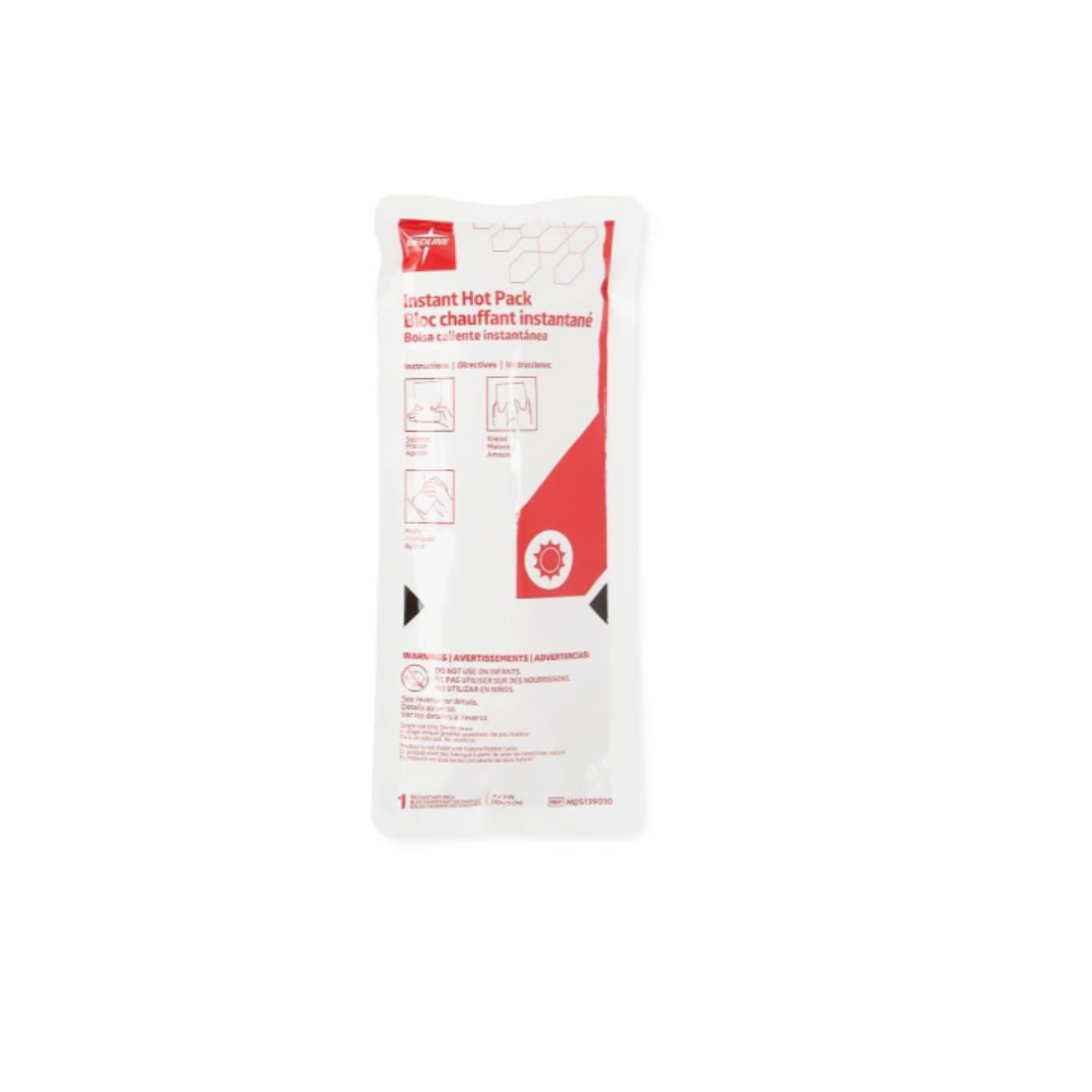 A portable, disposable Medline Instant Hot Pack in rectangular white and red packaging with English and French instructions—ideal for heat therapy and pain relief.
