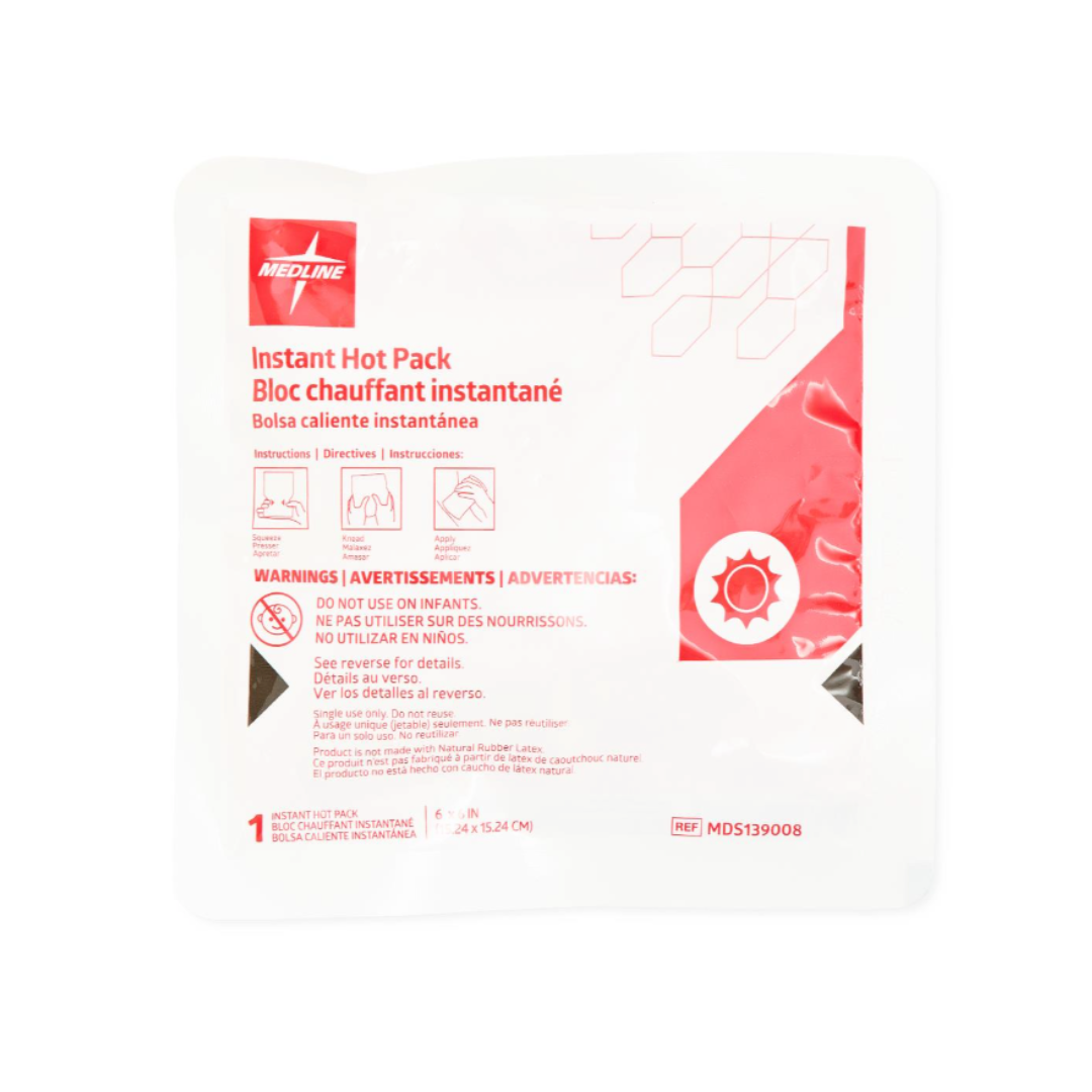 Medline Instant Hot Packs come in a white and red package with multilingual instructions, warning icons, and a diagram. Designed for instant relief, they provide therapeutic warmth quickly and safely.