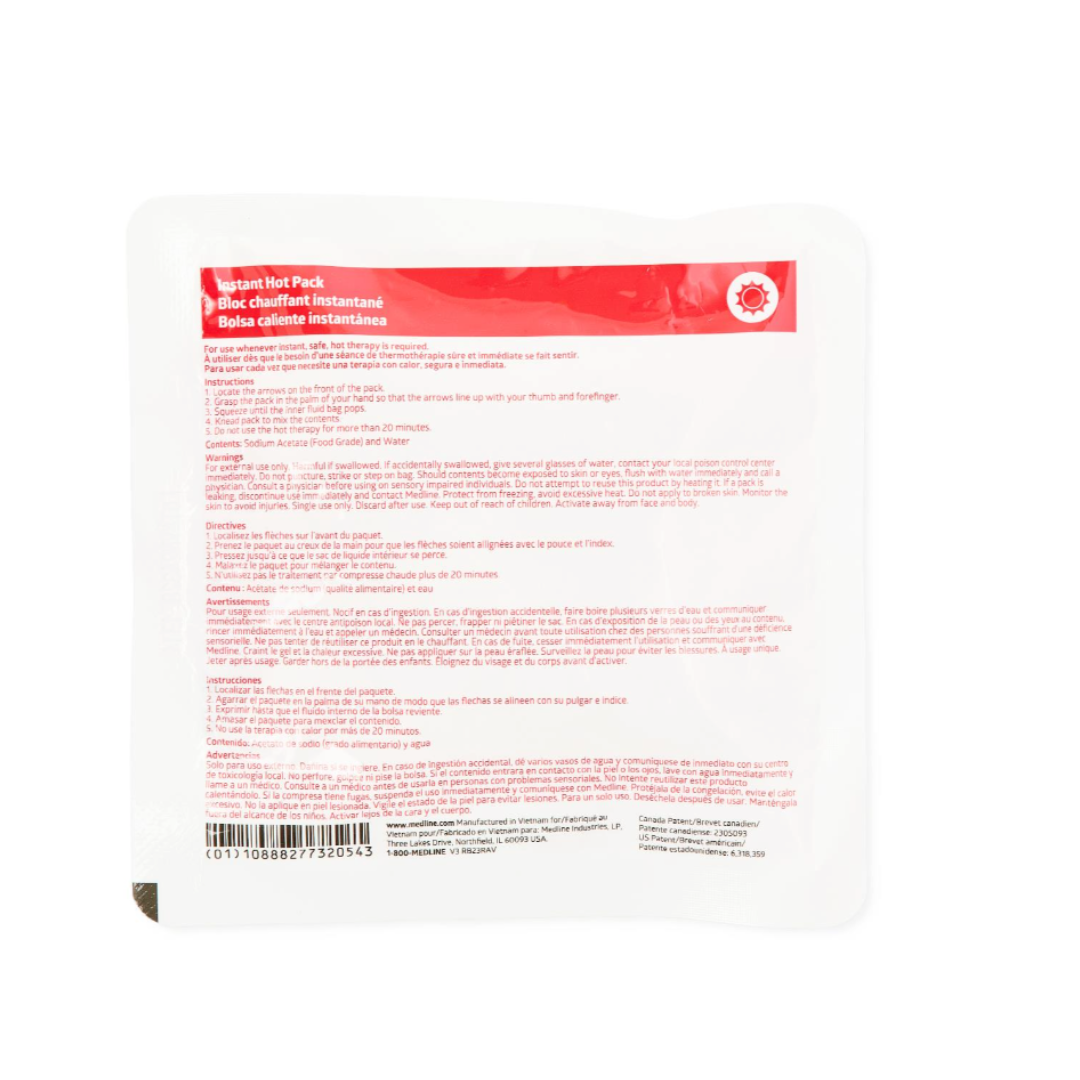 Medline Instant Hot Packs in white and red feature English and French instructions on the back, plus a barcode at the bottom left. Enjoy soothing warmth anytime with these convenient instant hot packs.