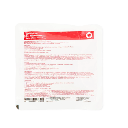 Medline Instant Hot Packs in white and red feature English and French instructions on the back, plus a barcode at the bottom left. Enjoy soothing warmth anytime with these convenient instant hot packs.