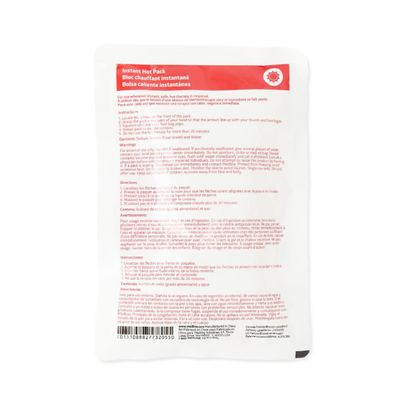 Medline Instant Hot Packs come in rectangular white packaging with red labeling. The back displays instructions, warnings, and ingredients in English, French, and Spanish. Provides therapeutic warmth. Barcode printed at the bottom.